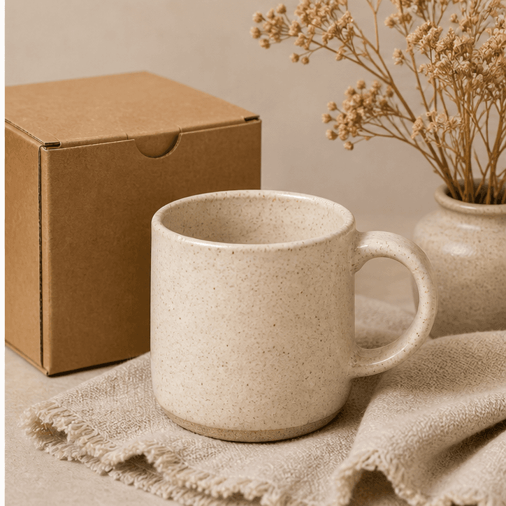 Ceramic mug beside its packaging